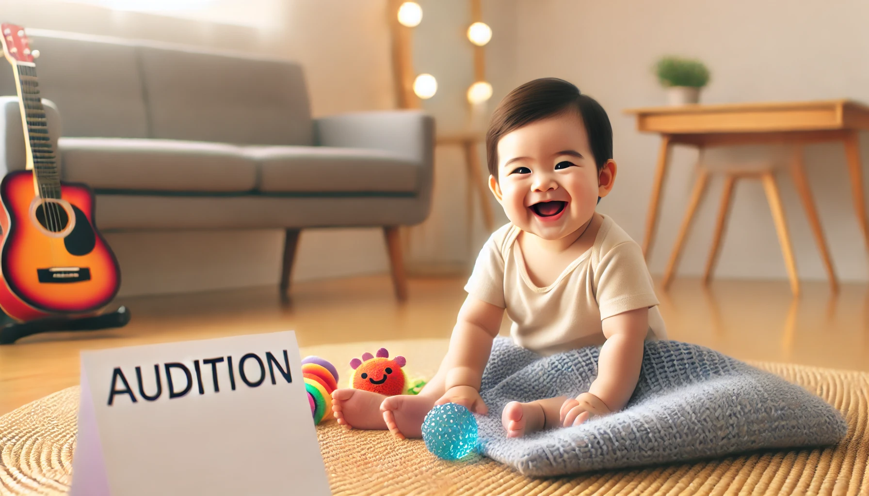 A cheerful baby, sitting on a mat, smiling and playing with toys while being observed during an audition. The scene is set indoors with soft lighting, showcasing a comfortable audition space. The baby looks happy and comfortable, with toys scattered around. The atmosphere is light and welcoming, suitable for evaluating baby auditions in Japan.