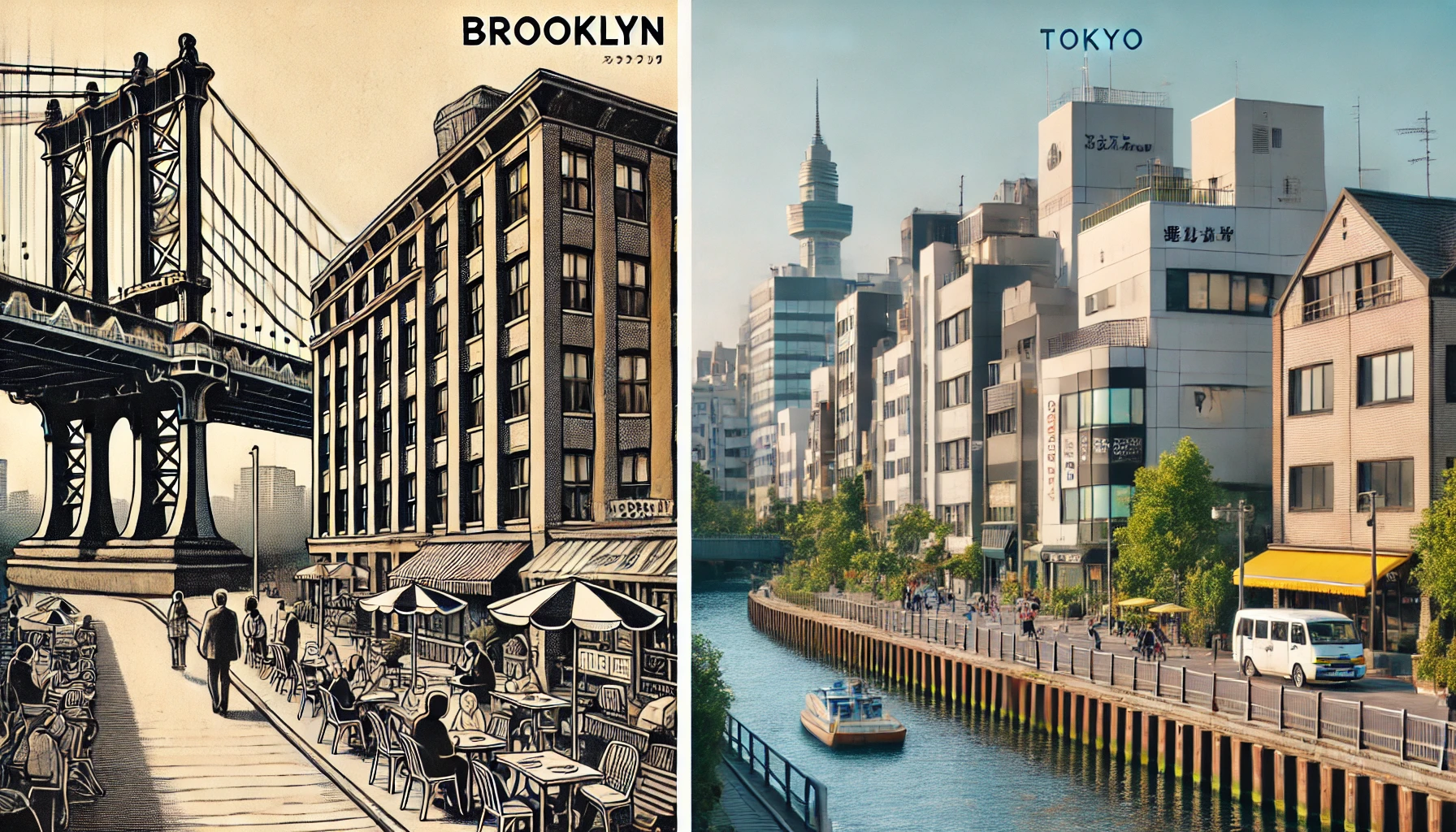 A comparison image showing both Brooklyn and a similar area in Japan, such as Tokyo's Nakameguro. On the left, the image depicts Brooklyn with its urban environment, trendy shops, and artistic vibe. On the right, Nakameguro, Tokyo, shows similar features with modern cafes and boutiques alongside a river, reflecting the similarities between the two places.