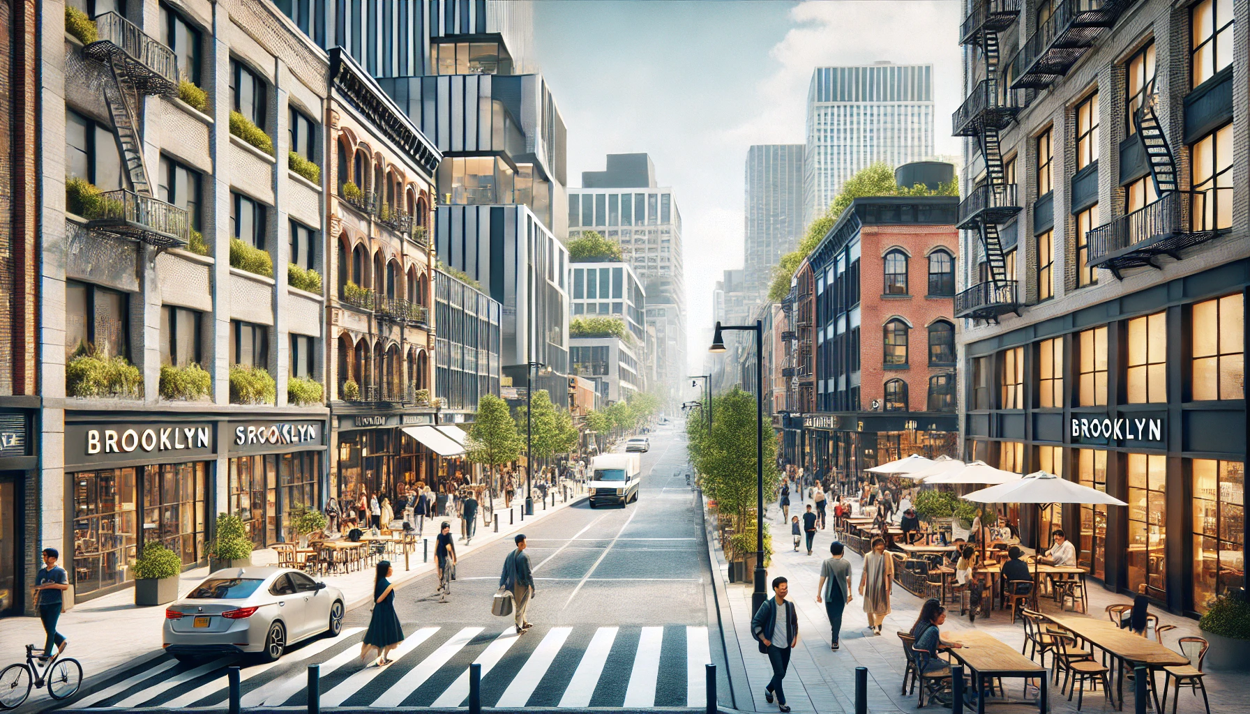 A bustling city street in Brooklyn, showcasing modern and historic architecture, with a mix of trendy shops and cafes. The atmosphere is vibrant with pedestrians, including Japanese people walking along the sidewalks. The sky is clear, and the street is lined with trees, reflecting the dynamic and creative spirit of Brooklyn.