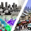 A side-by-side visual showing a comparison of Brooklyn and a Japanese city, focusing on their unique cultural elements. Brooklyn is portrayed with its diverse street art, urban vibe, and hipster culture. The Japanese city, such as Shibuya or Nakameguro, highlights the blend of modern and traditional elements, with bustling streets, contemporary cafes, and quiet neighborhoods.