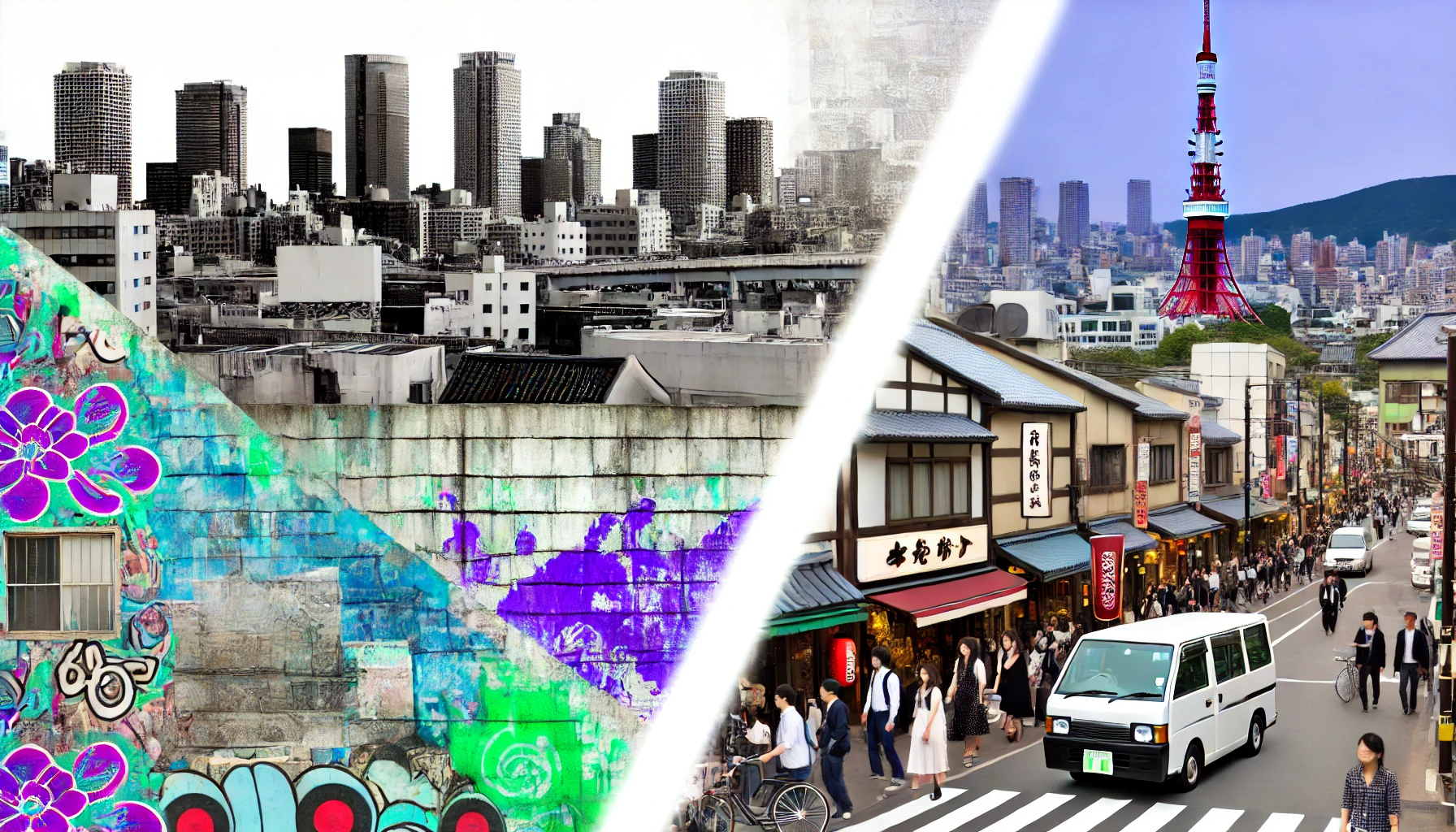 A side-by-side visual showing a comparison of Brooklyn and a Japanese city, focusing on their unique cultural elements. Brooklyn is portrayed with its diverse street art, urban vibe, and hipster culture. The Japanese city, such as Shibuya or Nakameguro, highlights the blend of modern and traditional elements, with bustling streets, contemporary cafes, and quiet neighborhoods.