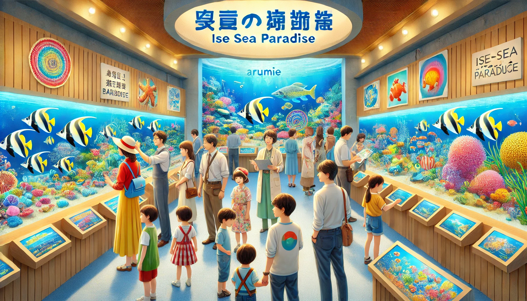 A bright, colorful image of the newly opened area at Ise Sea Paradise, showcasing the 'Marumie! Backyard' area. The image should depict people, including Japanese families with children, exploring behind-the-scenes areas with aquariums, staff explaining things, and a sense of wonder and discovery. The setting is lively and educational.