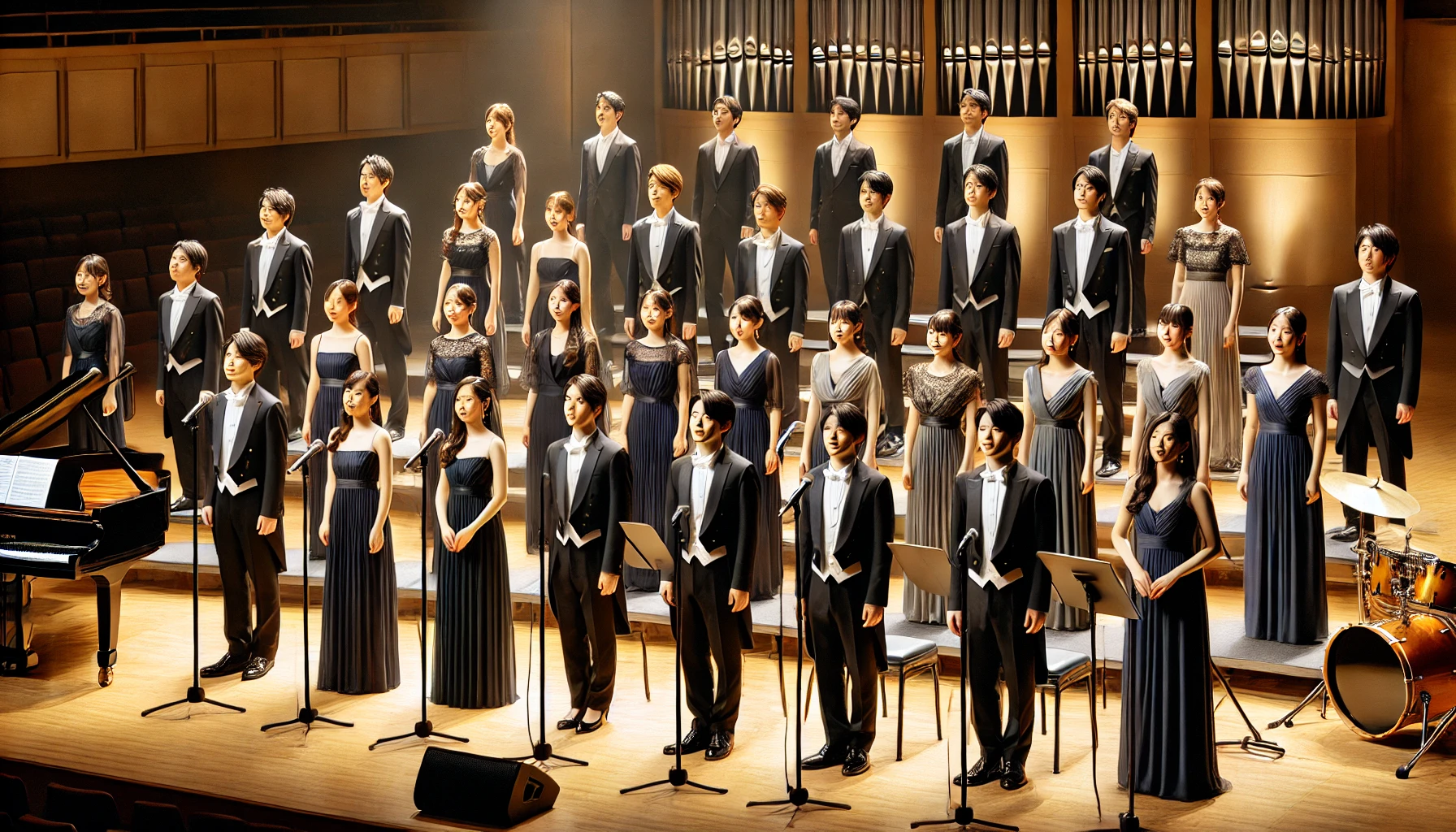 A group of 10 Japanese choir members performing on stage. They are dressed formally in elegant concert attire, with women wearing long dresses and men in suits. The stage is well-lit, showcasing their harmonious singing and polished performance. The background includes a simple concert hall setting with soft lighting and musical instruments like a piano visible. This is a wide, landscape image (16:9 aspect ratio).