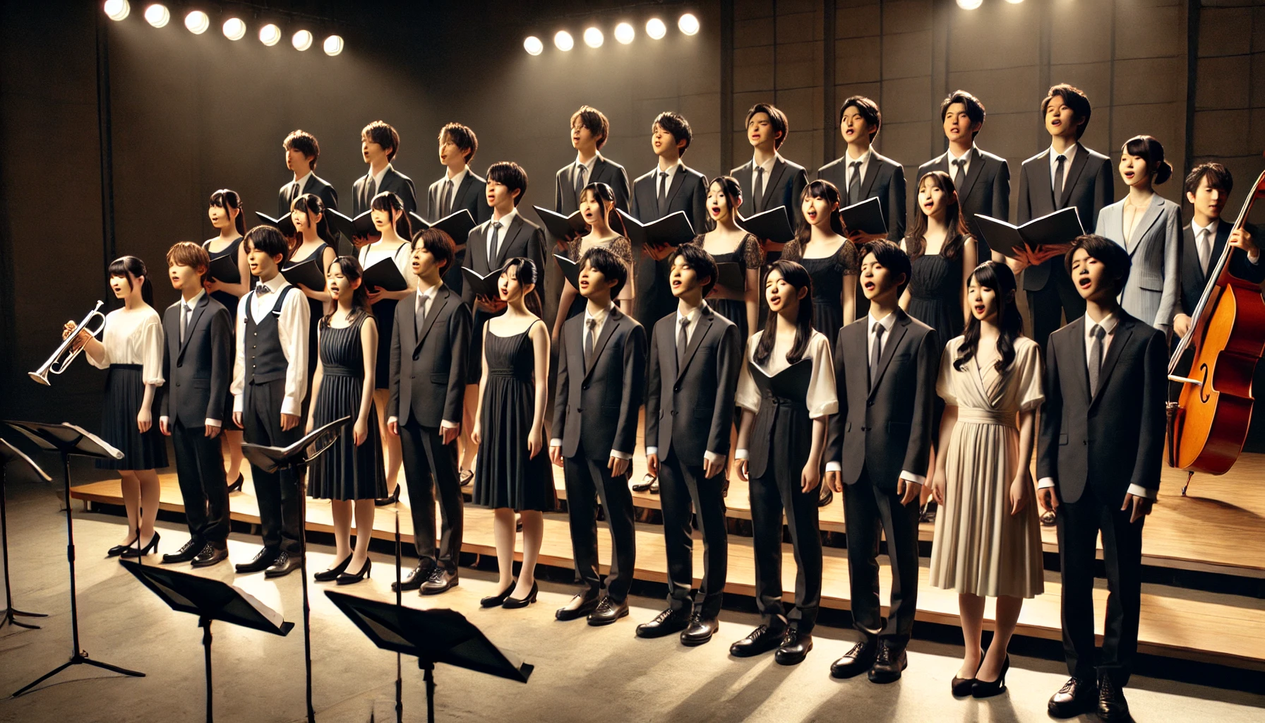 A group of around 10 Japanese men and women, all graduates from a music university, performing together as a mixed chorus group. They are dressed formally, with men in suits and women in elegant dresses, singing harmoniously on a well-lit stage with a simple backdrop. The focus is on their beautiful harmony and polished performance. The image should be horizontal (16:9) and capture the essence of their group dynamics and professionalism.