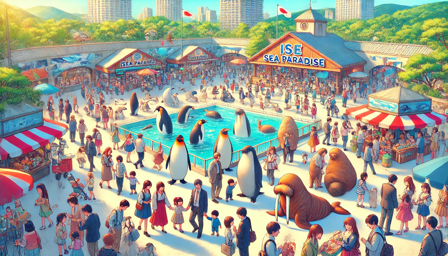 A vibrant scene depicting the ongoing popularity of Ise Sea Paradise. The image should show many visitors, including Japanese families and groups, enjoying animal interactions and lively events. The focus is on the people having fun at exhibits with penguins, walruses, and other attractions. The atmosphere is joyful and bustling.