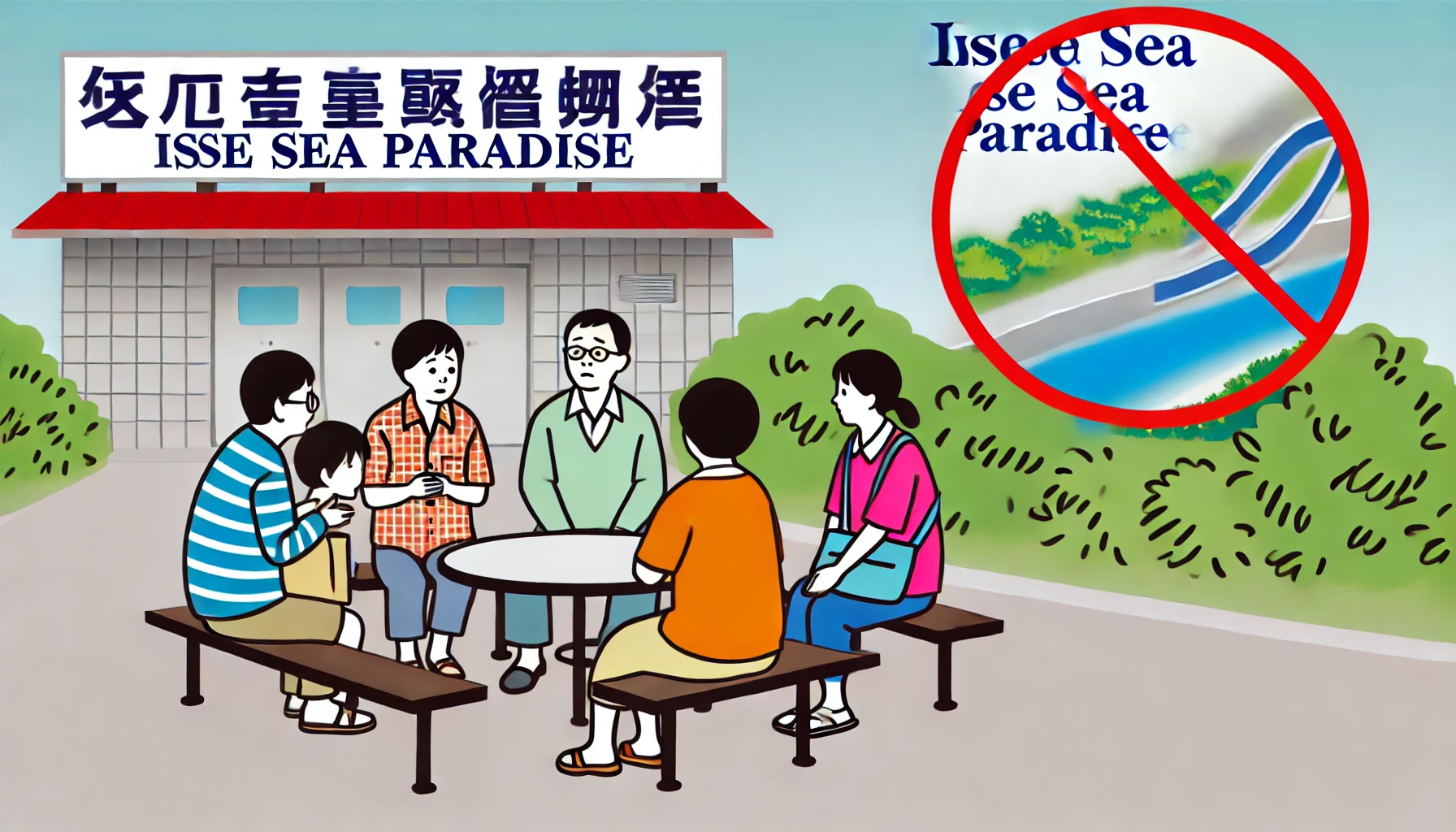 A scene of people discussing and appearing concerned about the closure rumors of Ise Sea Paradise. The image should depict a group of Japanese families and friends sitting at a picnic area or bench near a park, with expressions of concern. The background shows part of the Ise Sea Paradise sign, emphasizing the discussions around its closure.