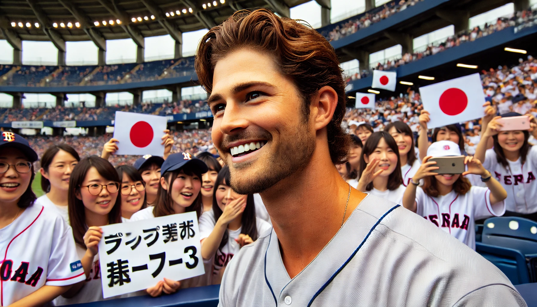 A popular American baseball player, well-known in Japan due to his World Baseball Classic appearance, smiling and interacting with Japanese fans in a stadium. He is wearing a neutral baseball uniform without specific numbers, with fans holding banners in the background, in a wide 16:9 format.