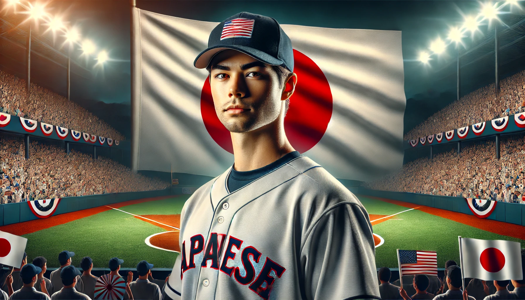 An American baseball player with Japanese heritage, highlighted in a stadium with Japanese fans cheering. The player is wearing a baseball uniform, with no team numbers, standing proudly with a Japanese flag subtly visible in the background, in a wide 16:9 format.