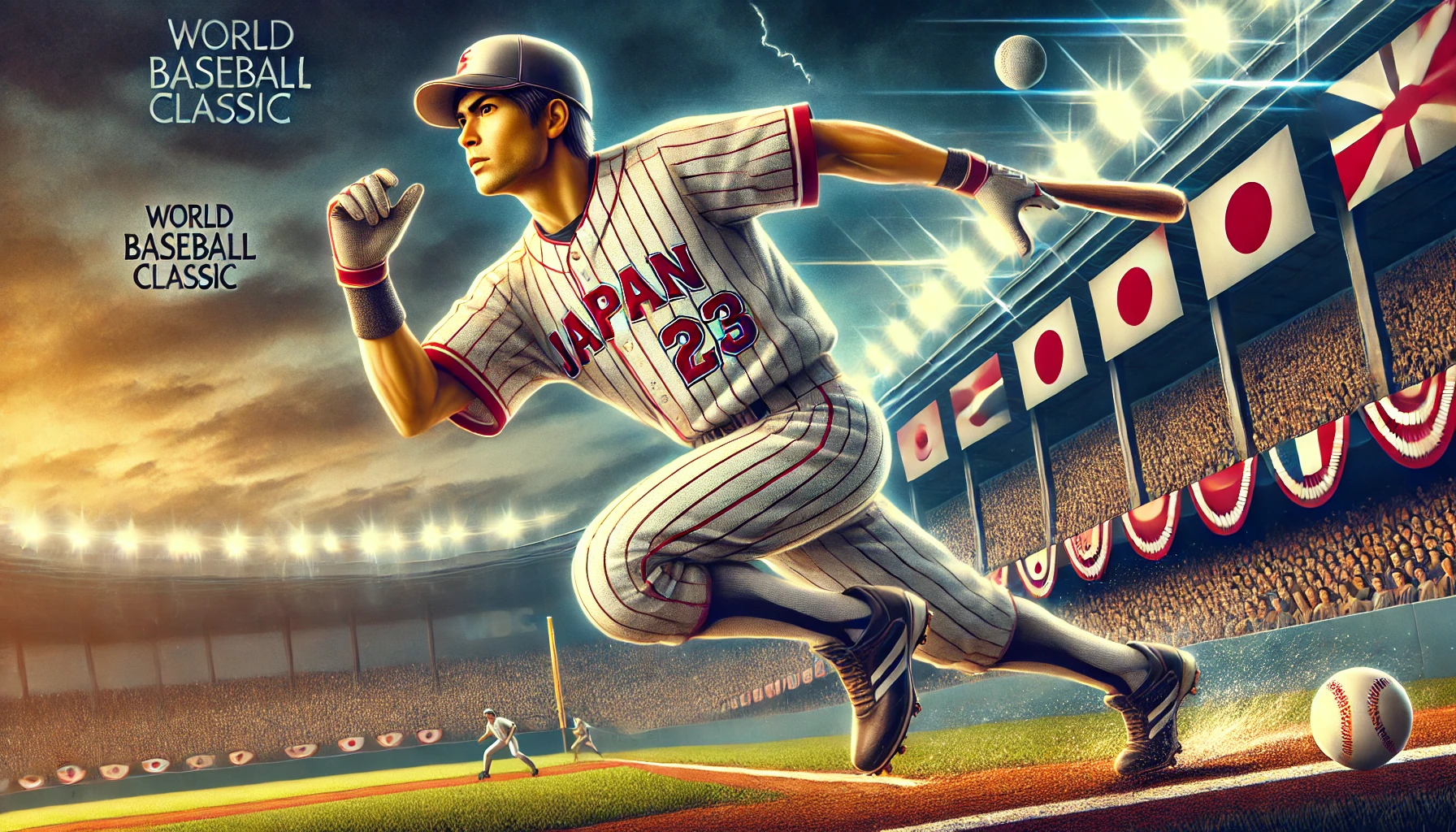 An image of an American baseball player wearing a jersey with the number 23, selected to represent Japan in the World Baseball Classic (WBC). The player should be shown in action on the baseball field, making a dynamic play. The background features a large stadium with a cheering crowd, capturing the excitement of a major international sports event. The image should be in a horizontal, wide format (16:9).