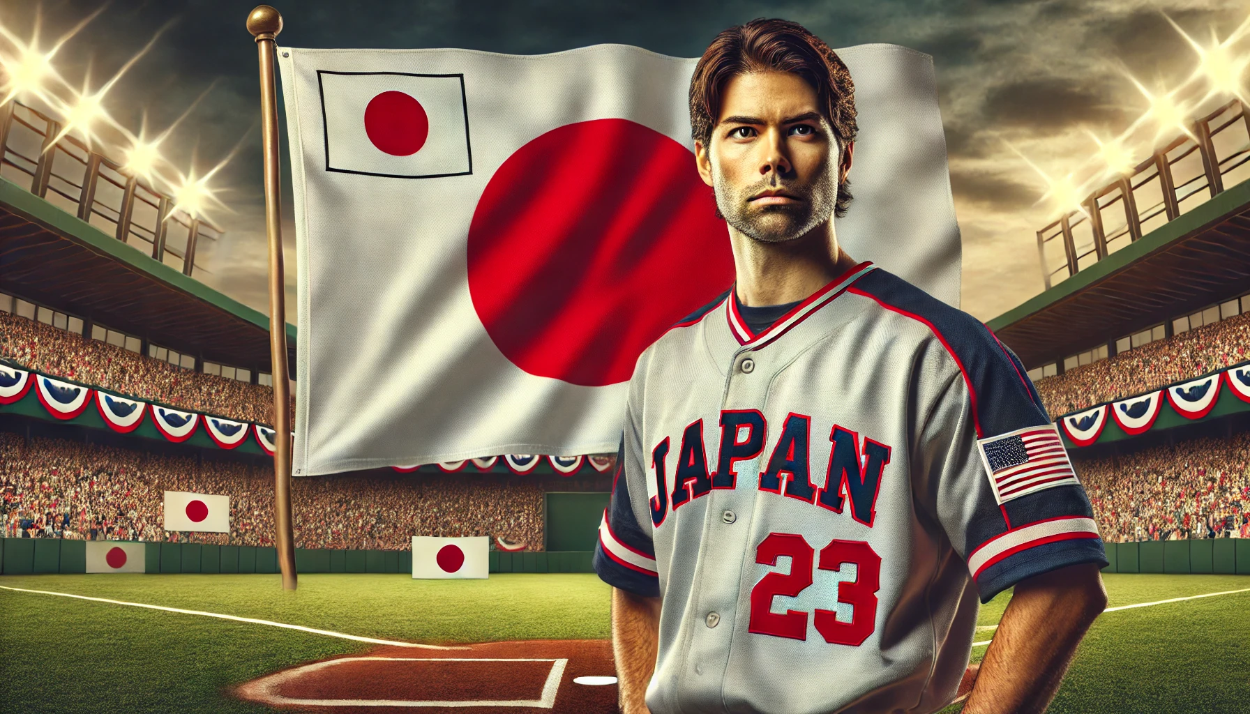 An image of an American baseball player wearing a jersey with the number 23, who has Japanese roots, representing Japan in the World Baseball Classic (WBC). The player should be standing proudly with a Japanese flag in the background, showing a connection to his heritage. The stadium in the background should be filled with fans cheering. The image should be in a horizontal, wide format (16:9).