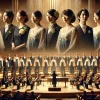 A formal concert setting in Japan with a mixed-gender choir, showing Japanese performers in elegant attire. The scene captures a moment of change, symbolizing various reasons for member transitions within the group, with a few choir members at the front and others in the background, representing a new and evolving lineup. Soft stage lighting and a classic concert hall backdrop enhance the atmosphere. The image should be horizontal, in 16:9 aspect ratio.