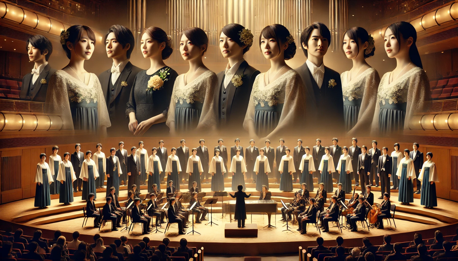 A formal concert setting in Japan with a mixed-gender choir, showing Japanese performers in elegant attire. The scene captures a moment of change, symbolizing various reasons for member transitions within the group, with a few choir members at the front and others in the background, representing a new and evolving lineup. Soft stage lighting and a classic concert hall backdrop enhance the atmosphere. The image should be horizontal, in 16:9 aspect ratio.