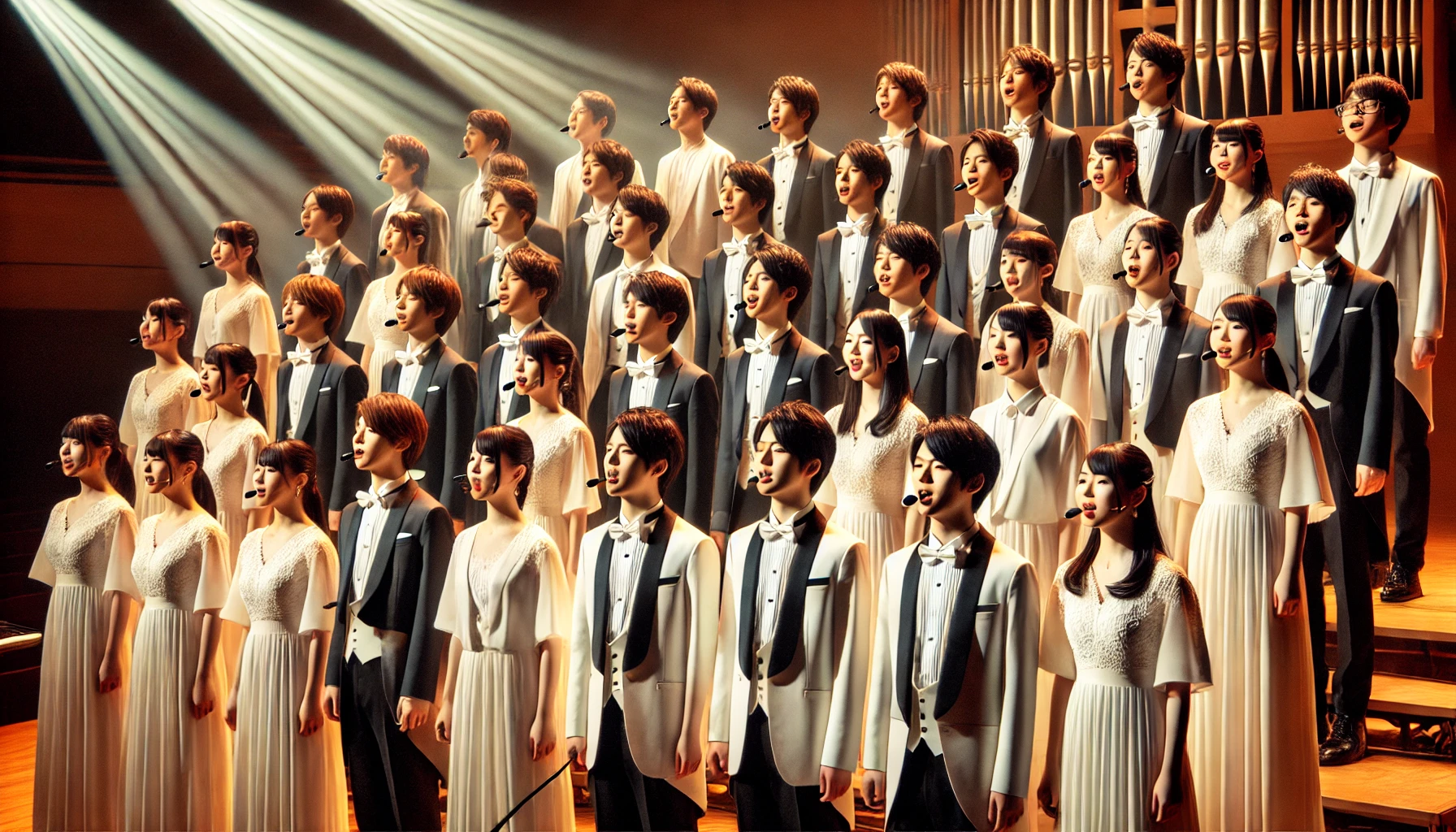 A mixed-gender choir group composed of Japanese performers, all wearing elegant concert attire, singing together in harmony on a brightly lit stage. The performers display a sense of unity and professionalism, showcasing their beautiful harmonies and polished performance. The background includes a traditional concert hall setup with soft lighting that highlights the elegance of the group. The image should be horizontal, in 16:9 aspect ratio.