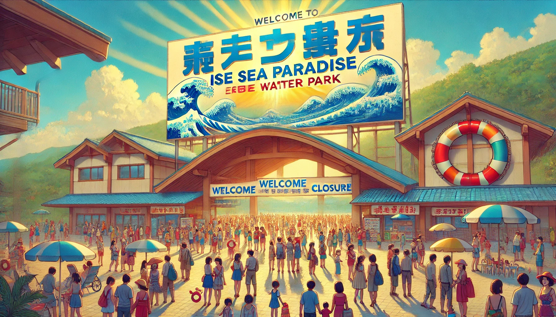 A scenic view of Ise Sea Paradise, focusing on the entrance area. The image should depict an inviting water park entrance with a large welcoming sign, people gathering, and a bright sunny day atmosphere. Ensure the people look like Japanese visitors, with families, friends, and tourists capturing the atmosphere of curiosity about the rumors of closure.