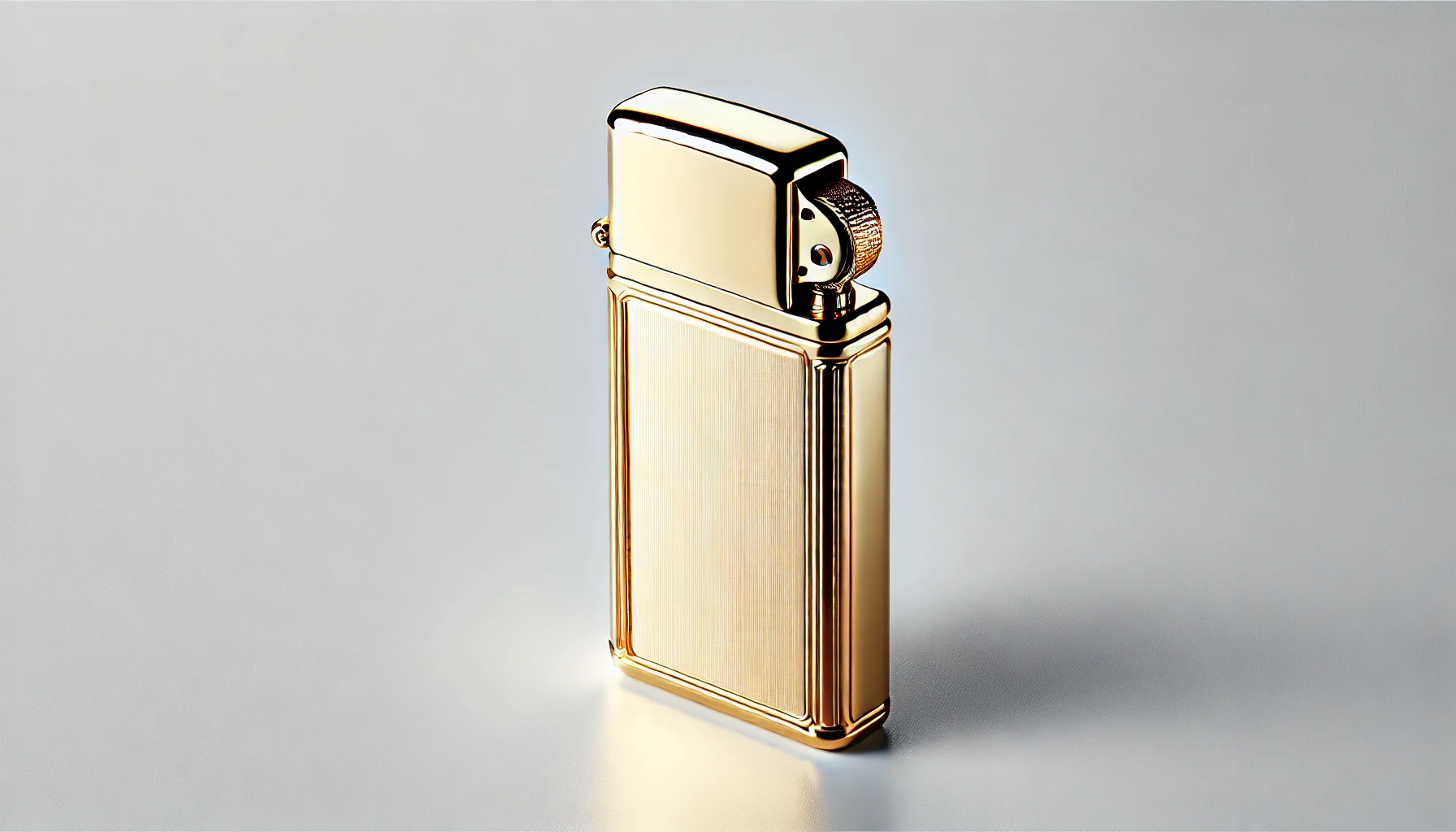 A close-up of an elegant 18-karat gold lighter with a luxurious and refined design. The lighter's golden surface is polished and gleaming, showcasing high-end craftsmanship and exclusivity. Simple white background, capturing the weighty feel and shine.