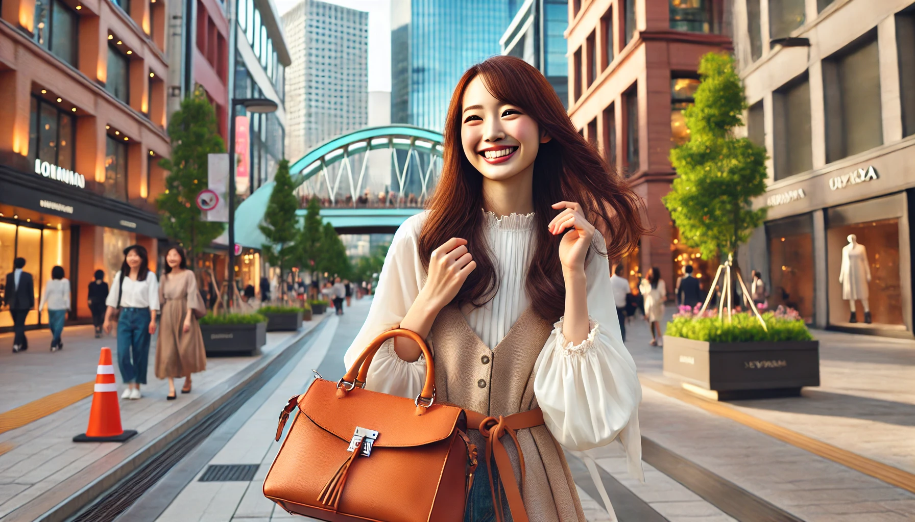 A Japanese woman happily styling a fashionable handbag while walking on a vibrant urban street, surrounded by modern architecture and trendy shops. Horizontal orientation, 16:9.