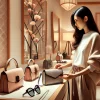 A Japanese woman trying on stylish accessories, including handbags and sunglasses, in a chic boutique. Minimalist decor with Asian-inspired designs, featuring soft lighting and neatly displayed products. Horizontal orientation, 16:9.