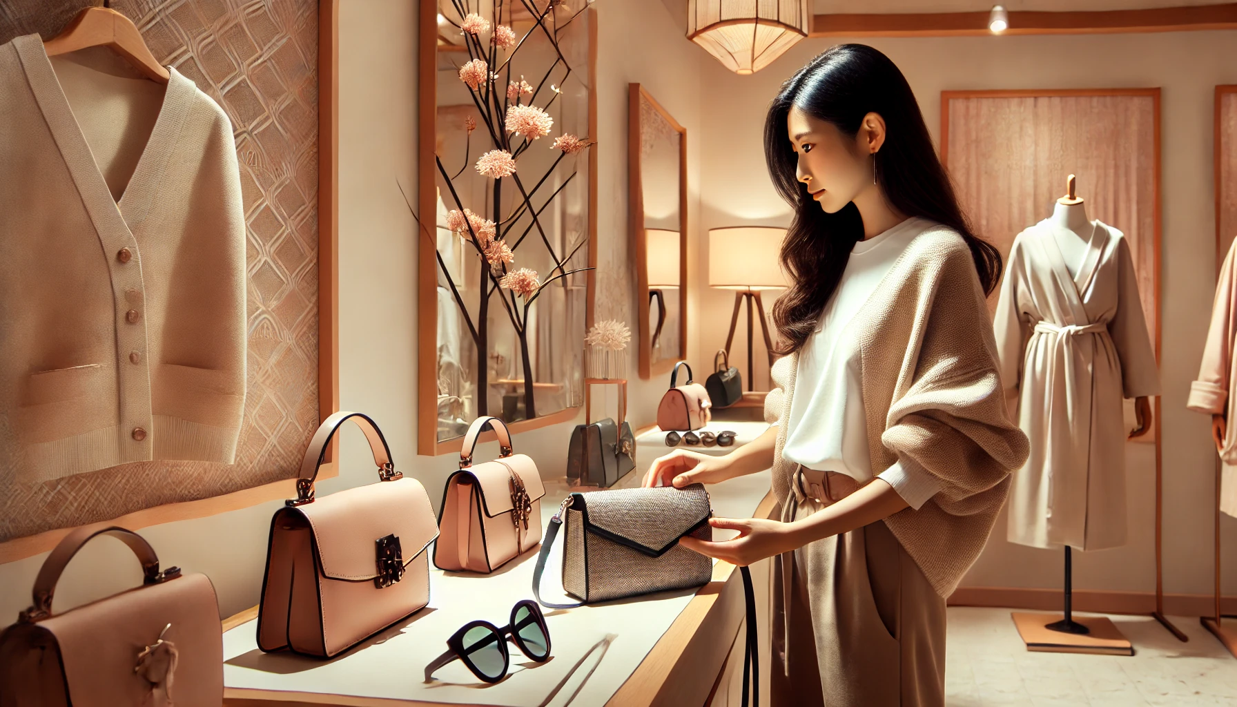 A Japanese woman trying on stylish accessories, including handbags and sunglasses, in a chic boutique. Minimalist decor with Asian-inspired designs, featuring soft lighting and neatly displayed products. Horizontal orientation, 16:9.