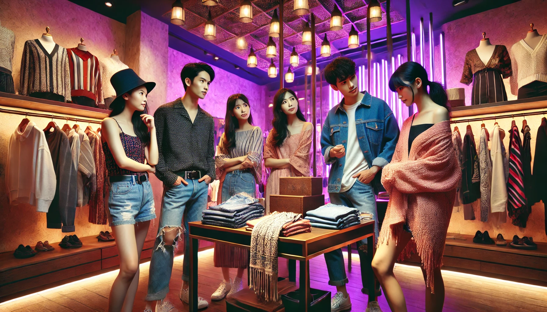 A group of trendy Japanese young adults debating fashion items in an upscale boutique with vibrant lighting, featuring racks of stylish Asian-inspired clothes and accessories. Horizontal orientation, 16:9.