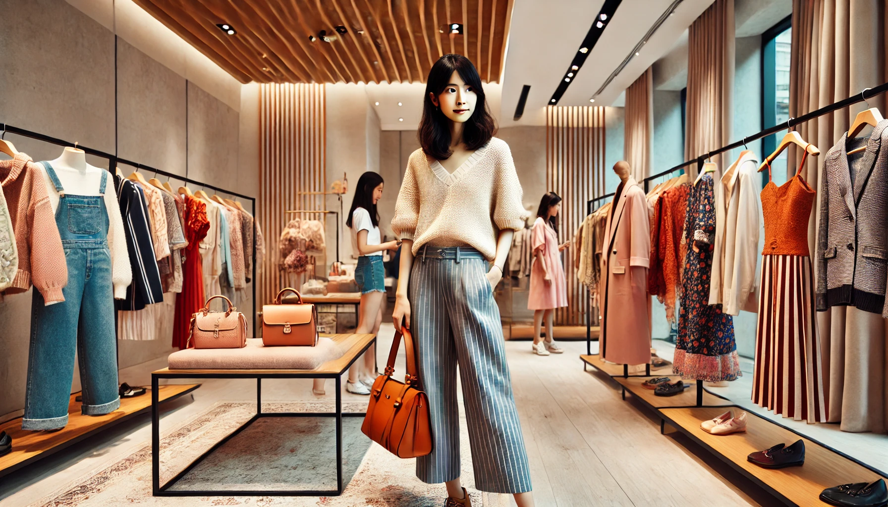 A young and fashionable Japanese woman shopping in a stylish store showcasing trendy Asian-inspired fashion designs, with modern minimalist interiors and clothing racks filled with vibrant, fashionable items. Horizontal orientation, 16:9.