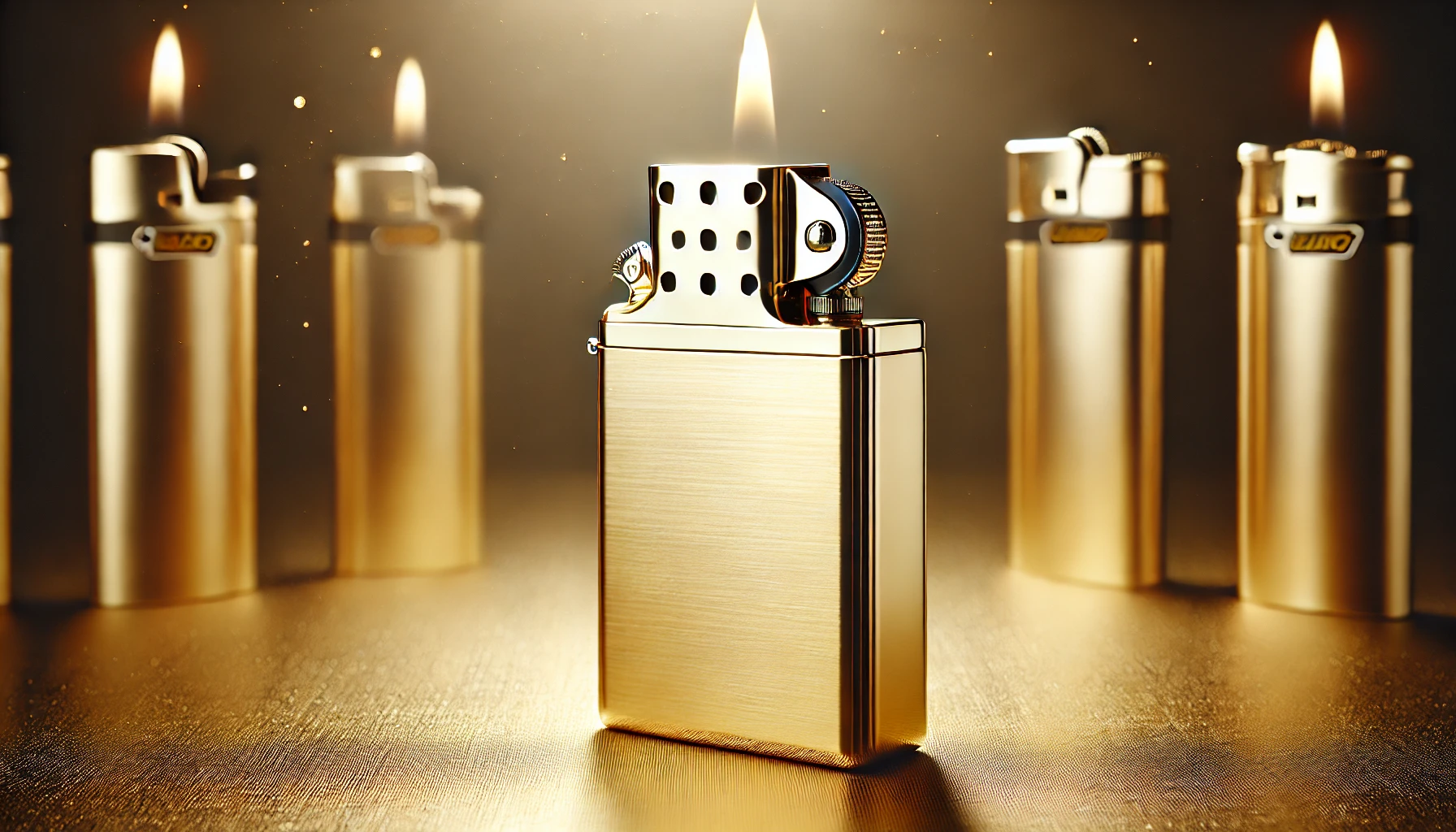 A luxurious 18-karat gold lighter with a distinct heavy and premium look, symbolizing high-end craftsmanship and exclusivity, displayed against a simple backdrop. Capturing the golden glow and refined details.