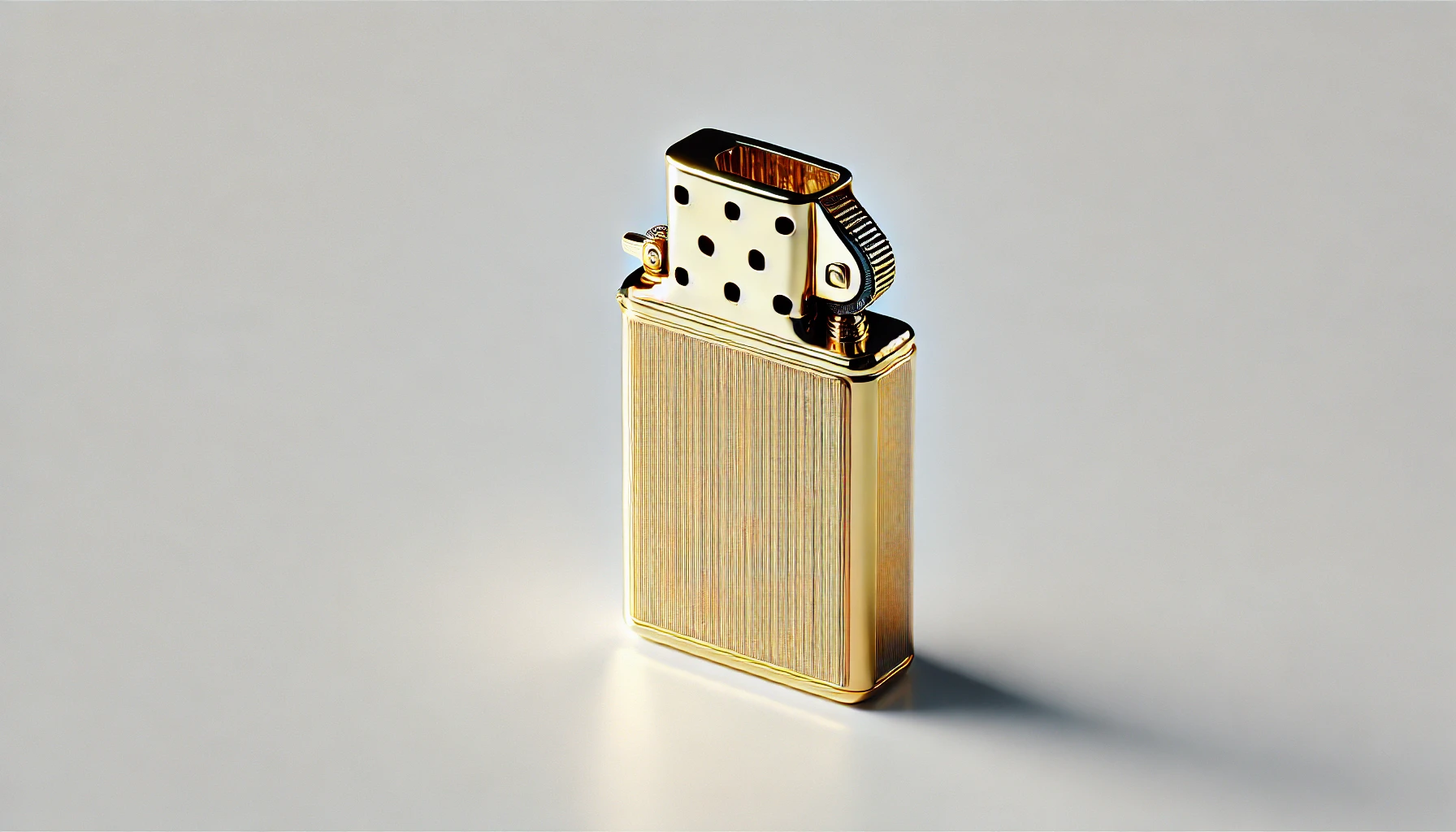 A luxurious 18-karat gold lighter with a distinct heavy and refined appearance, displayed on a clean white background. The lighter has intricate details and exudes an aura of high-end craftsmanship, capturing the gold's weighty and premium feel.