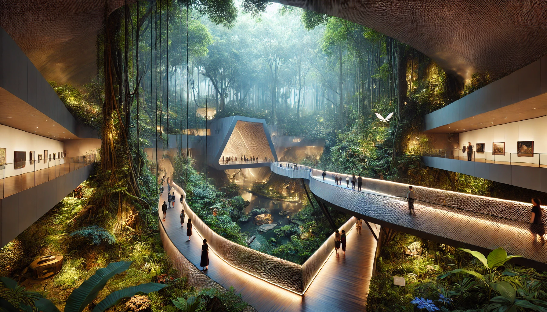 A beautiful museum surrounded by lush nature, featuring spaces illuminated with natural light, an artful tunnel, and a suspension bridge that allows visitors to experience an otherworldly atmosphere. The environment is serene, with visitors exploring the museum's unique design in awe. Wide 16:9 aspect ratio.