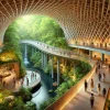 A scenic museum surrounded by natural beauty, with spaces illuminated by natural light, an elegant tunnel, and a suspension bridge where Japanese visitors are seen enjoying and exploring the unique design and peaceful setting. Lush greenery adds to the calming experience. Wide 16:9 aspect ratio.