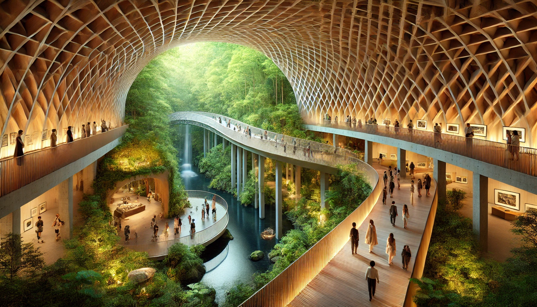 A scenic museum surrounded by natural beauty, with spaces illuminated by natural light, an elegant tunnel, and a suspension bridge where Japanese visitors are seen enjoying and exploring the unique design and peaceful setting. Lush greenery adds to the calming experience. Wide 16:9 aspect ratio.