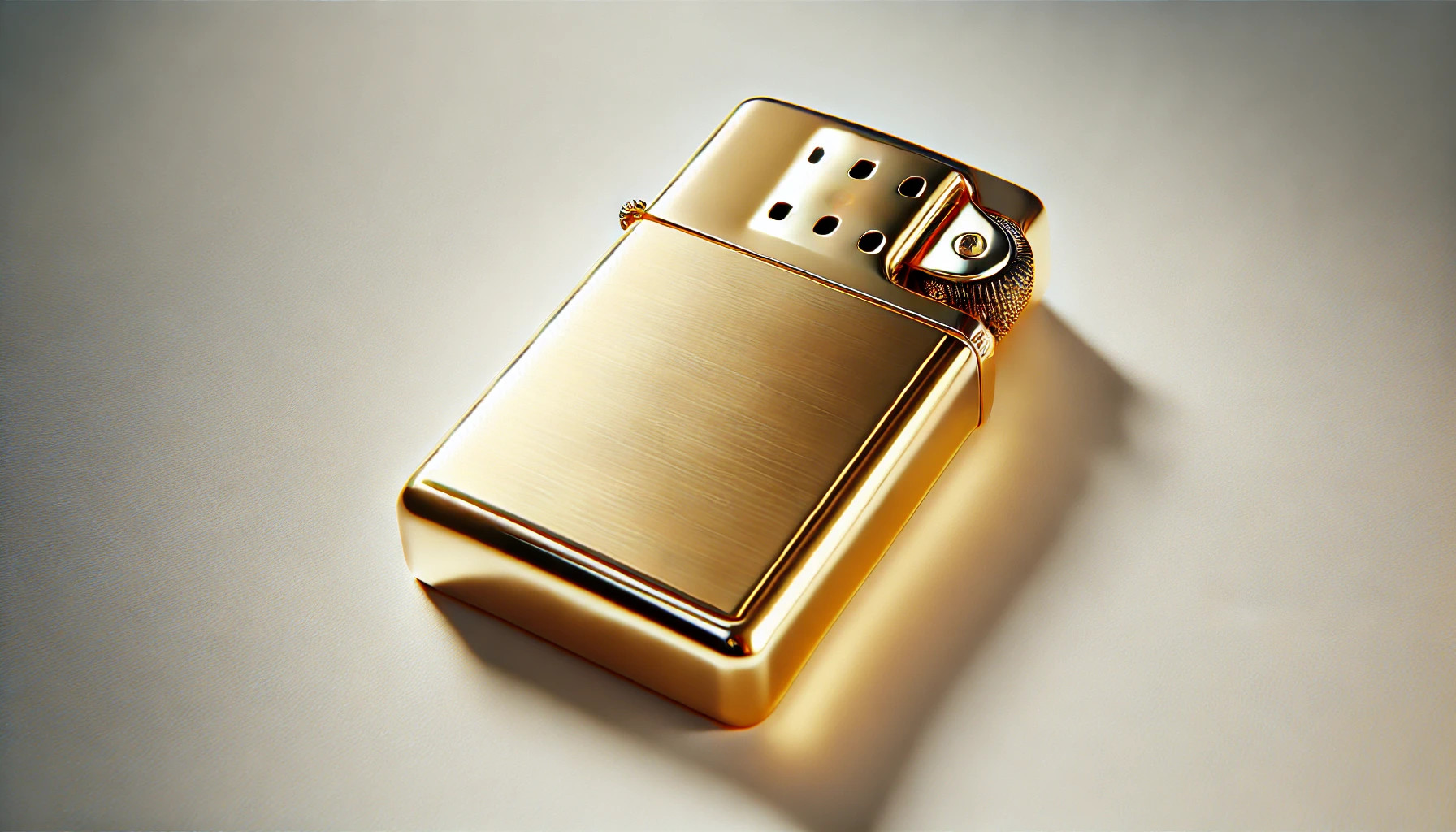 A close-up of a refined 18-karat gold lighter with a polished and gleaming surface, symbolizing high-end craftsmanship and elegance, set against a simple white background. Emphasizing the gold's shine and weighty feel.