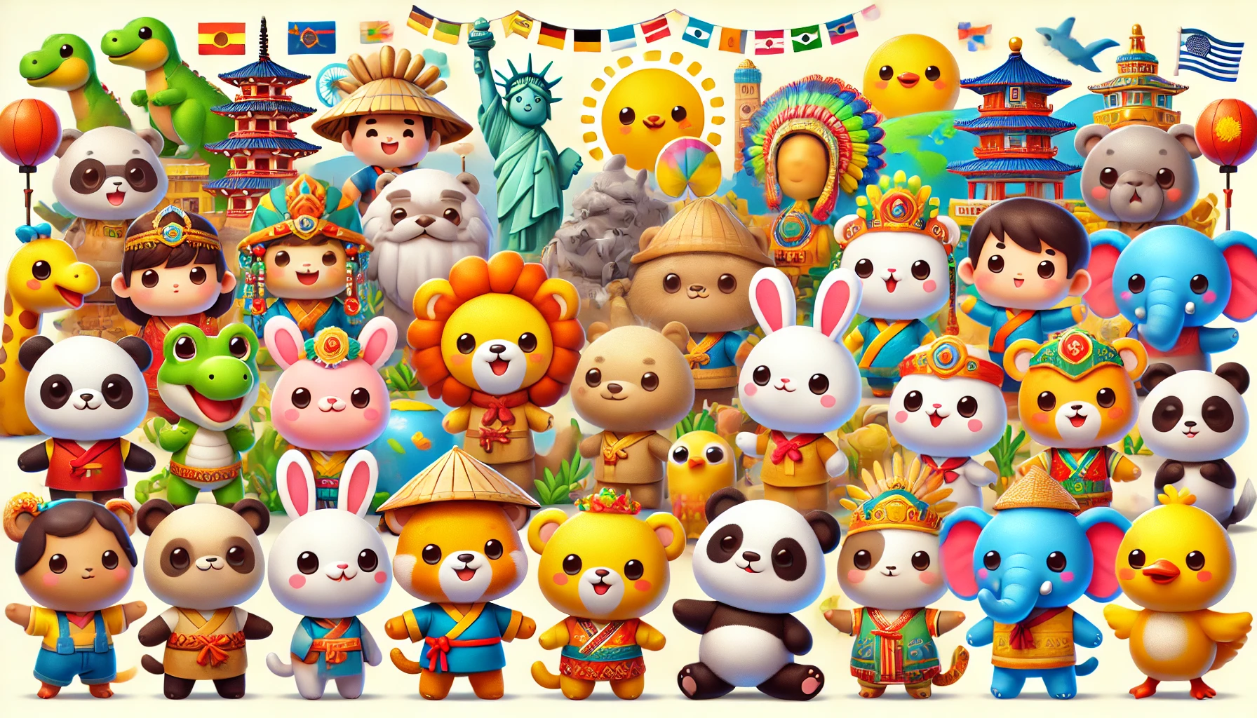 A group of internationally recognized cute animal characters, displayed in vibrant poses with a variety of playful backdrops that emphasize their diverse cultural appeal, featuring a bright and engaging atmosphere, 16:9 aspect ratio.