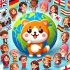 A cute animal character that showcases its global appeal, surrounded by fans of diverse nationalities enjoying and celebrating the character in a bright and cheerful setting, emphasizing its international popularity, vibrant colors, 16:9 aspect ratio.