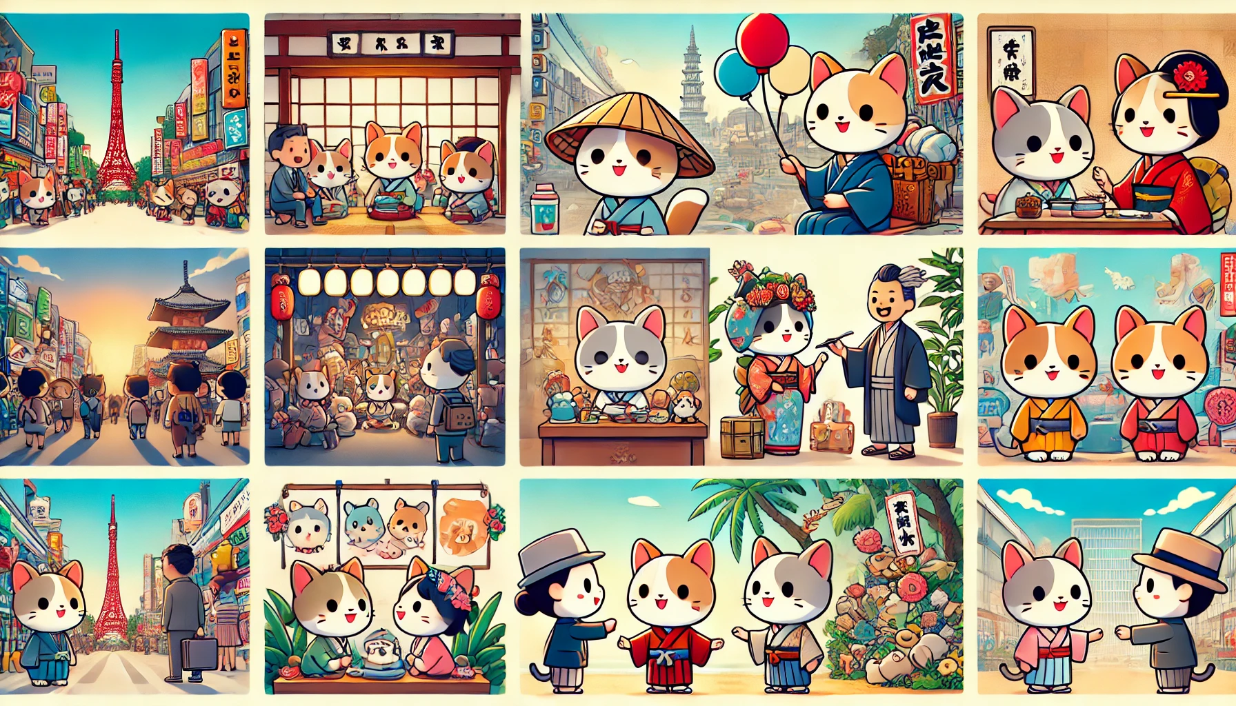 Various scenes showcasing the reasons behind the global appeal of cute animal characters, including scenes of cultural events, product displays, and fans interacting with the characters, in a lively and colorful setting, 16:9 aspect ratio.