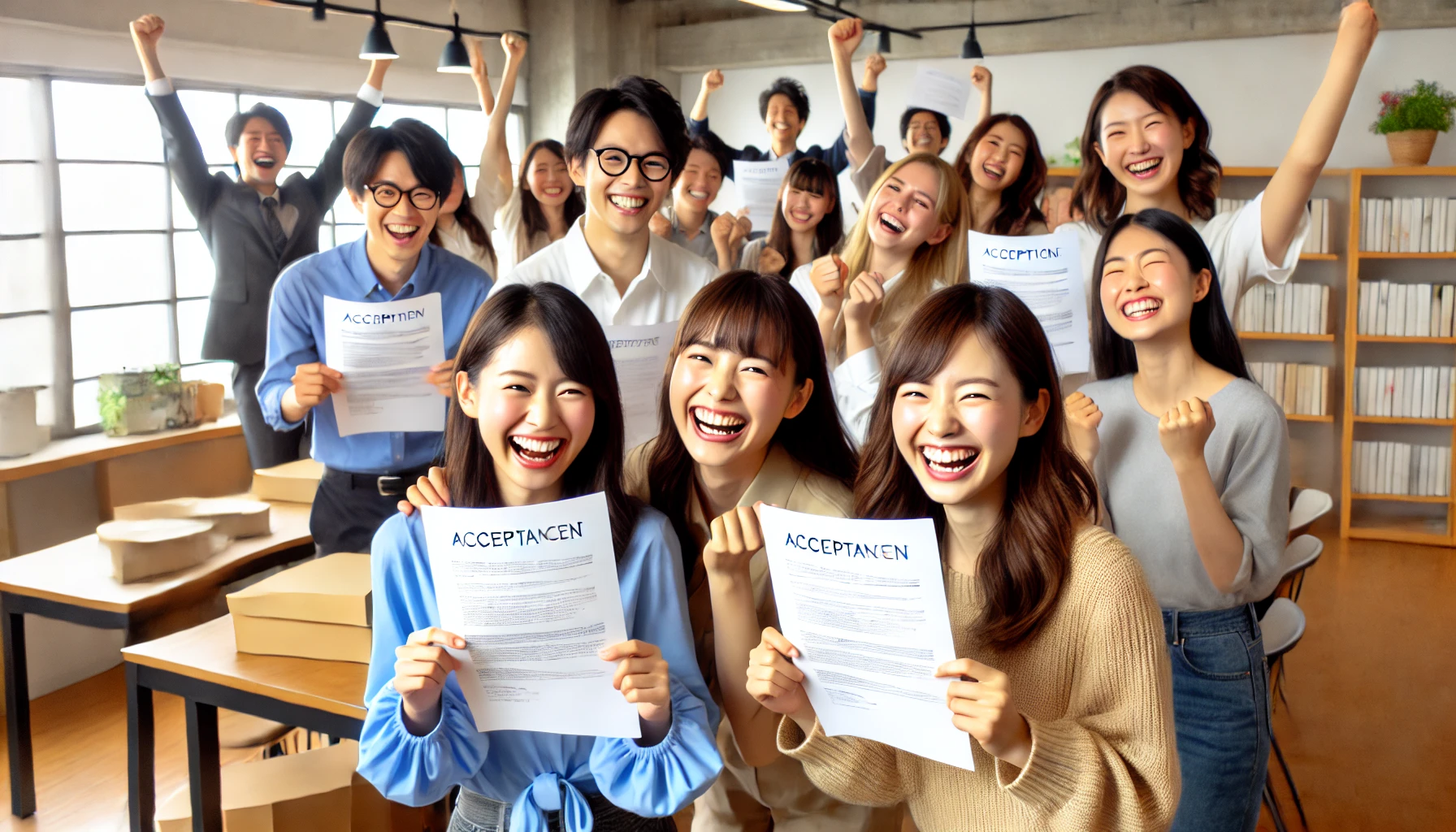 A joyful moment featuring Japanese actors and models celebrating their acceptance into a professional training facility. The image captures a group of individuals holding their acceptance letters, smiling and congratulating each other in a bright, modern classroom. The atmosphere is filled with excitement and positivity, symbolizing success and future potential.