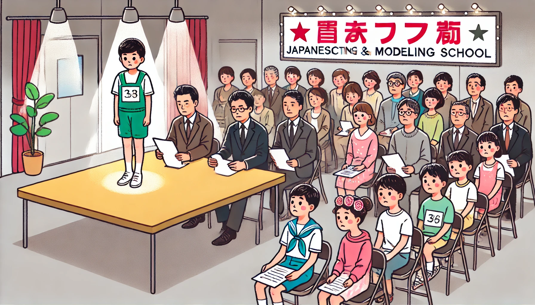 A scene illustrating the examination process at a Japanese acting and modeling school. The image shows young Japanese applicants, both children and adults, waiting nervously for their turn in a bright and clean audition room. A panel of professional judges is seen evaluating a performer on stage with serious expressions, emphasizing the challenge of the process.