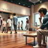 A professional training facility for aspiring actors, models, and child performers. The image showcases a modern Japanese training studio with acting and dance classes in session. A large mirror, wooden floors, and young individuals in casual outfits practicing with determination. The atmosphere is bright and inspiring, emphasizing professionalism and growth.