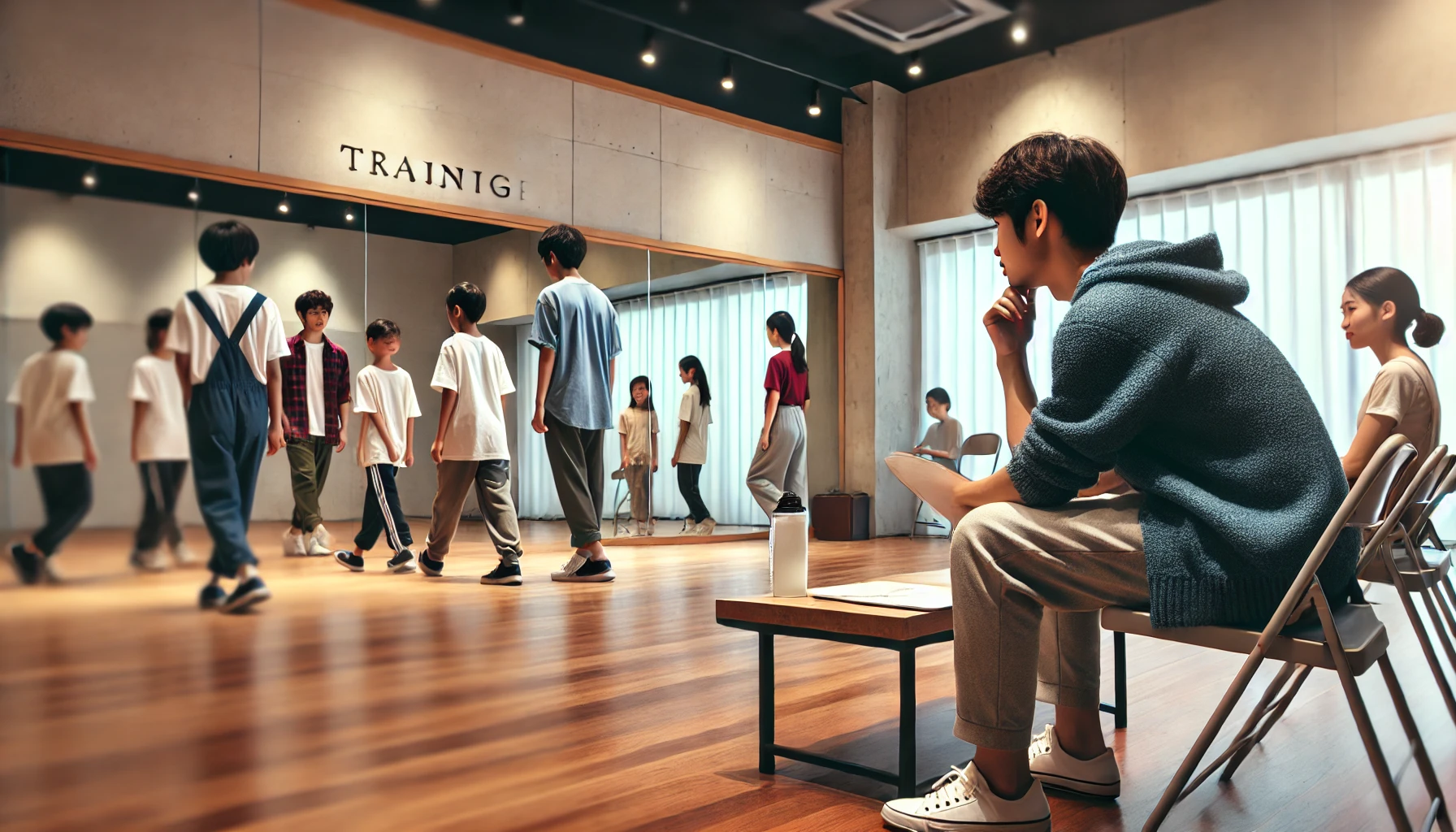 A professional training facility for aspiring actors, models, and child performers. The image showcases a modern Japanese training studio with acting and dance classes in session. A large mirror, wooden floors, and young individuals in casual outfits practicing with determination. The atmosphere is bright and inspiring, emphasizing professionalism and growth.