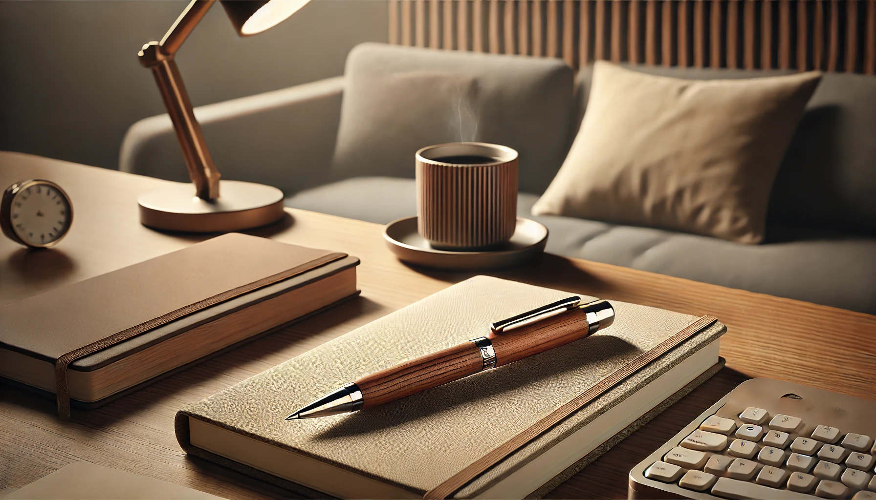 A high-quality wooden mechanical pencil in its most popular color displayed on a stylish desk. The scene includes a neatly arranged workspace with a notebook and a cup of coffee, creating a cozy and sophisticated atmosphere. The pencil is placed prominently, highlighting its fine wood grain and elegant design. Soft lighting enhances the overall premium aesthetic.