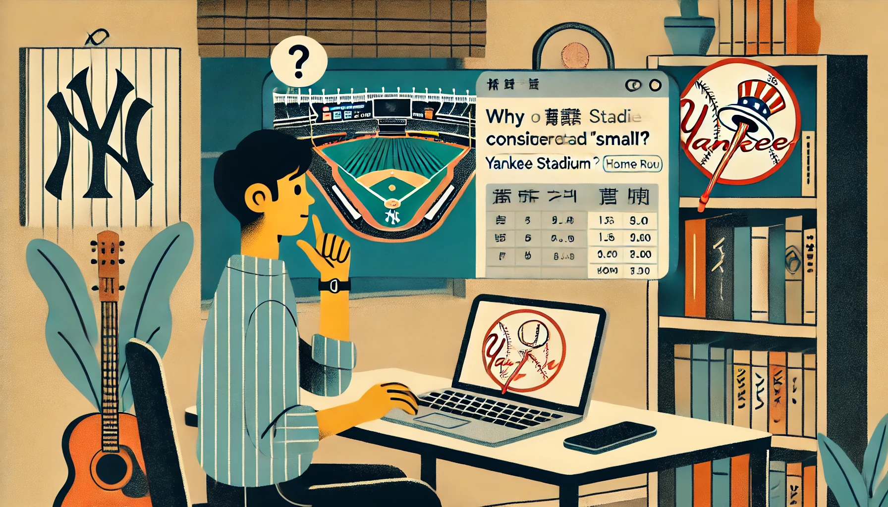 A digital illustration of a curious Japanese baseball fan searching online about why Yankee Stadium is considered 'small'. The person is sitting at a desk with a laptop, displaying a webpage about the stadium's field dimensions and home run statistics. The background includes a bookshelf and baseball memorabilia. The setting is indoors with a warm, neutral lighting.