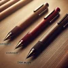 A high-quality wooden mechanical pencil displayed in three different colors: Mahogany, Deep Red, and Dark Brown. The pencils are neatly arranged on a wooden desk with a soft, warm lighting that highlights their elegant grain texture. Each pencil is labeled with its respective color name. The background is minimalistic to emphasize the beauty of the pencils.