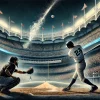 A dramatic digital illustration depicting the effects of Yankee Stadium's compact size on baseball games. A powerful left-handed batter swings, sending the ball towards the short right-field fence. The outfielder leaps, but the ball clears the fence for a home run. The stadium is packed with cheering fans, with emphasis on the small dimensions of the field.