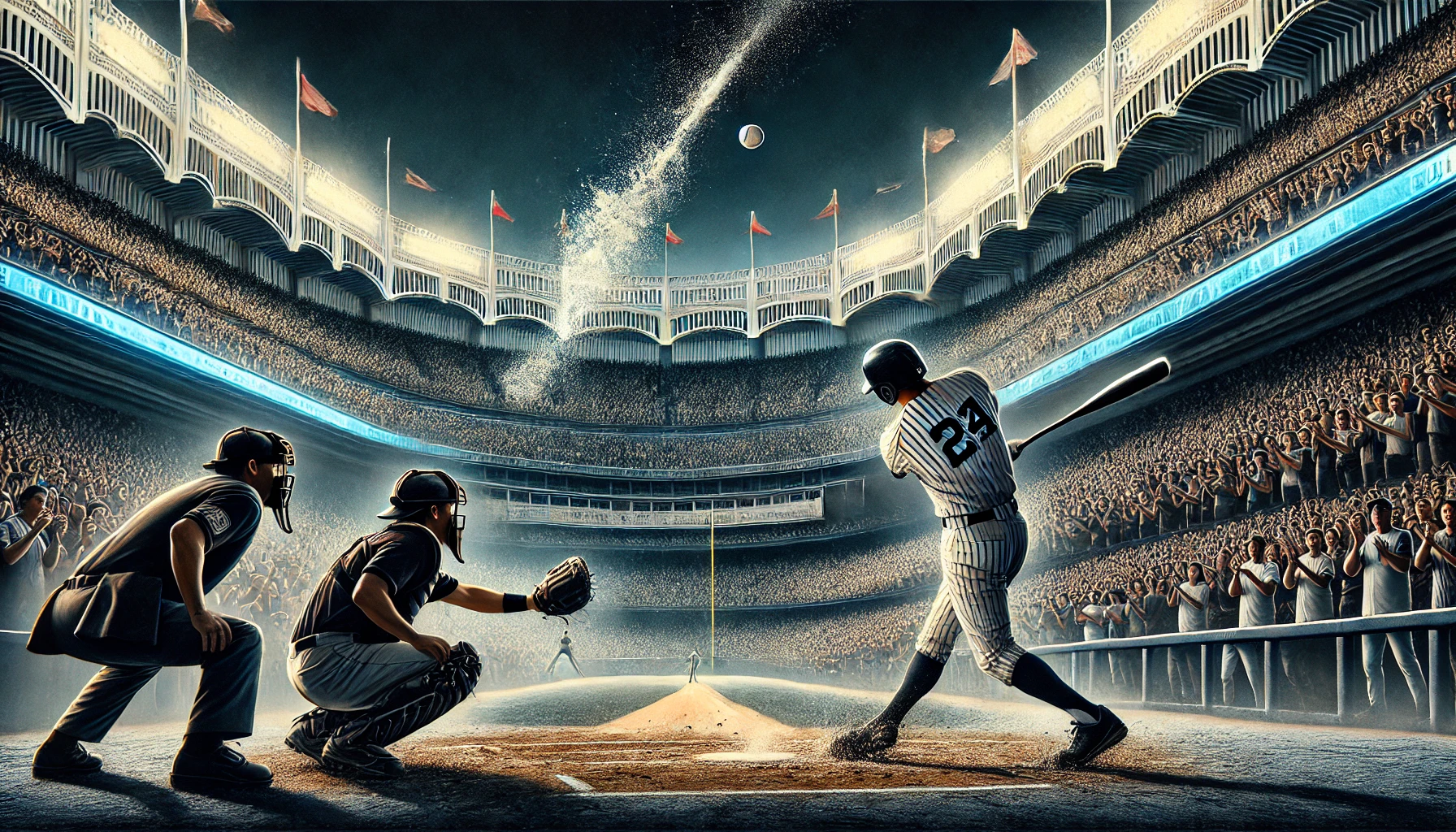 A dramatic digital illustration depicting the effects of Yankee Stadium's compact size on baseball games. A powerful left-handed batter swings, sending the ball towards the short right-field fence. The outfielder leaps, but the ball clears the fence for a home run. The stadium is packed with cheering fans, with emphasis on the small dimensions of the field.