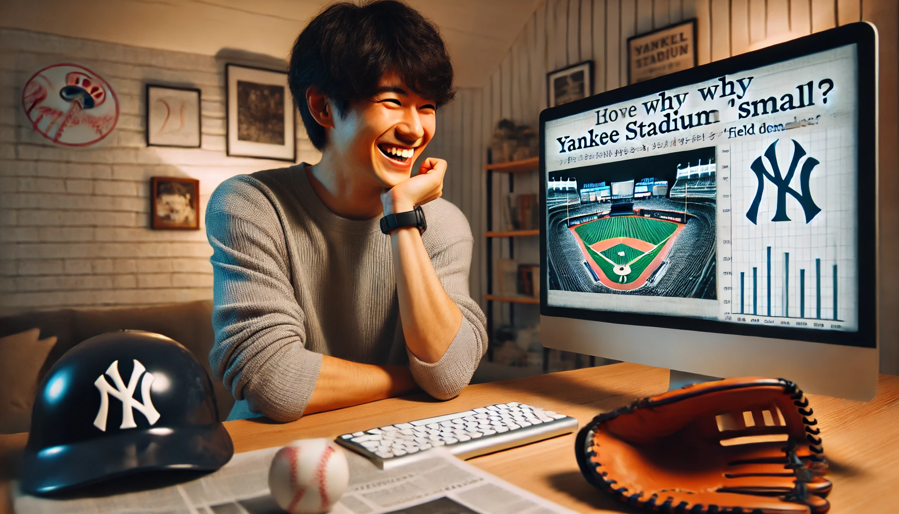 A joyful Japanese baseball fan sitting at home, smiling and feeling satisfied after learning why Yankee Stadium is considered 'small'. The person is looking at a computer screen displaying an article explaining the stadium's field dimensions. A baseball cap and glove are on the desk, emphasizing their passion for the sport. The room is cozy and well-lit.