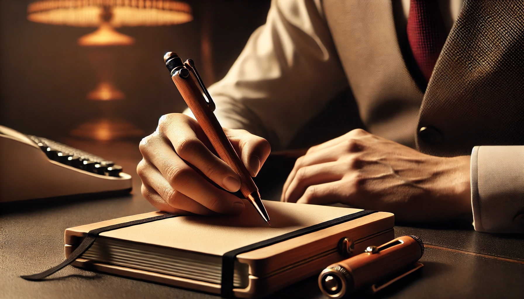 A high-quality wooden mechanical pencil being used by a person in an elegant setting. The scene captures the smooth writing experience on a luxurious notebook. The pencil’s wooden texture is emphasized, and the setting includes a warm, sophisticated ambiance. The user’s hands are shown carefully holding the pencil, reflecting appreciation for its craftsmanship.