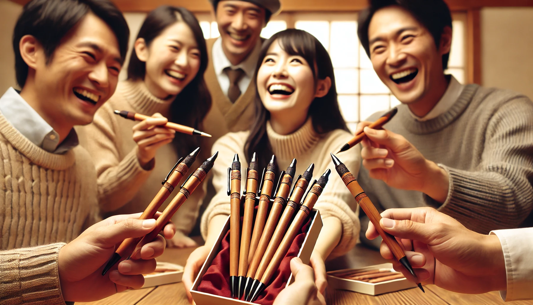 A group of Japanese people happily receiving high-quality wooden mechanical pencils as gifts. The scene captures their joyful reactions in a warm, indoor setting. The focus is on their expressions and the elegant design of the pencils in their hands. The background is softly blurred to highlight the moment of appreciation and excitement.