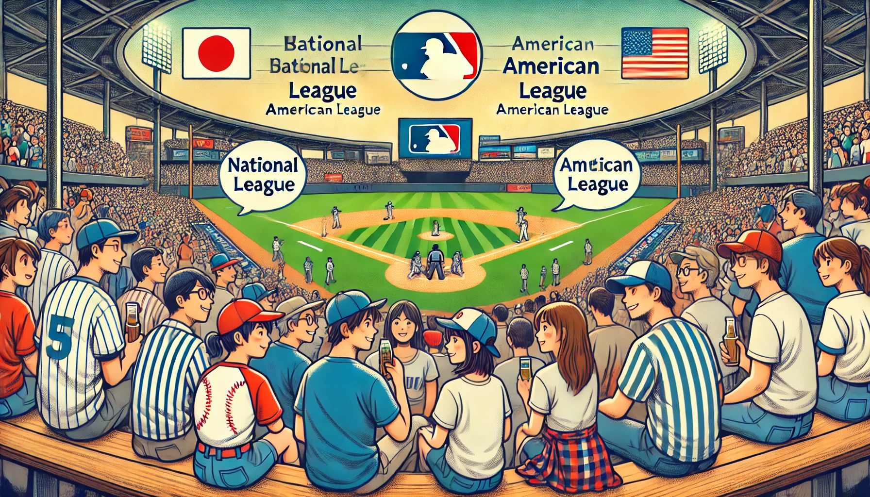 A group of baseball fans watching a game, discussing the differences between the National League and American League. There are diverse people, including Japanese fans in the crowd, with a baseball stadium in the background. The fans are discussing baseball rules and teams while enjoying the game. The scene is energetic, and the atmosphere is lively. The image should be wide (16:9).