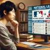 A Japanese person sitting in front of a computer, researching the differences between the National League and American League in baseball. The screen displays information about the rules, teams, and history of both leagues. The person looks focused and interested, with a relaxed home-office setting. The image should be wide (16:9).