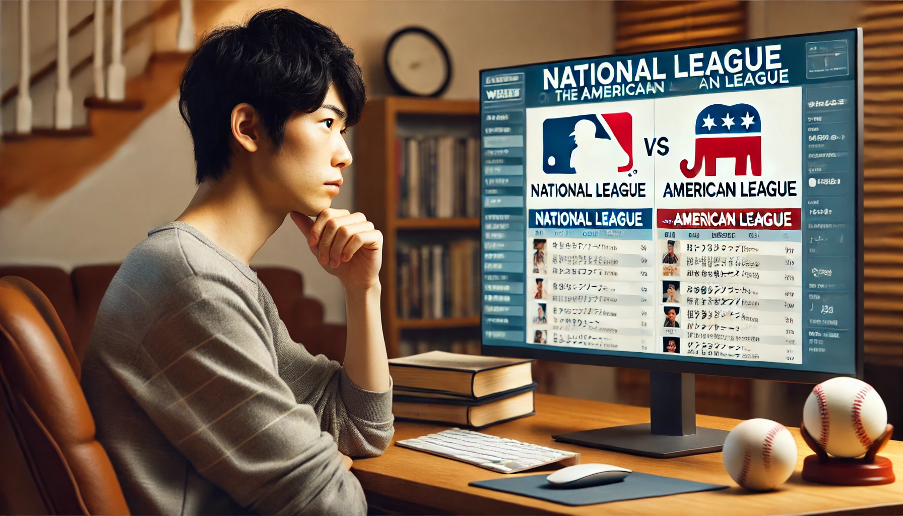 A Japanese person sitting in front of a computer, researching the differences between the National League and American League in baseball. The screen displays information about the rules, teams, and history of both leagues. The person looks focused and interested, with a relaxed home-office setting. The image should be wide (16:9).