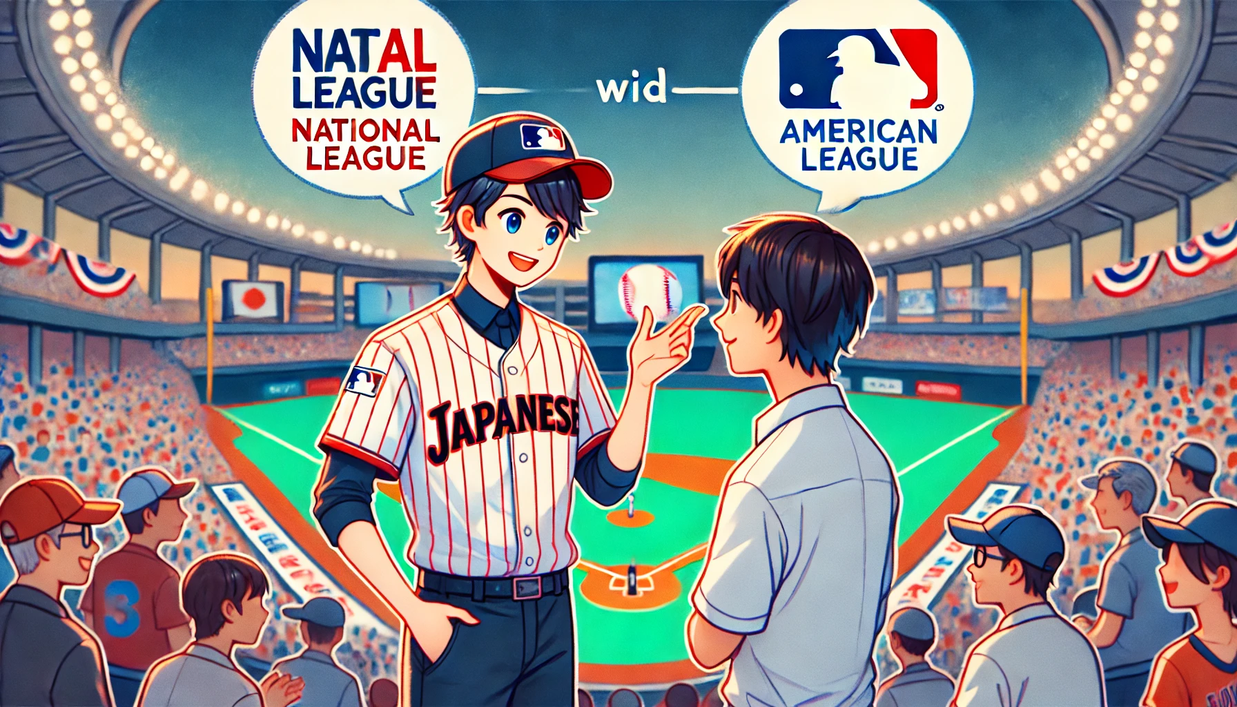 A Japanese person in a baseball jersey, standing in a stadium, enthusiastically explaining the differences between the National League and American League to a friend. The background shows a baseball field with a lively crowd. The person is animated and engaged in the conversation. The scene is energetic and vibrant. The image should be wide (16:9).