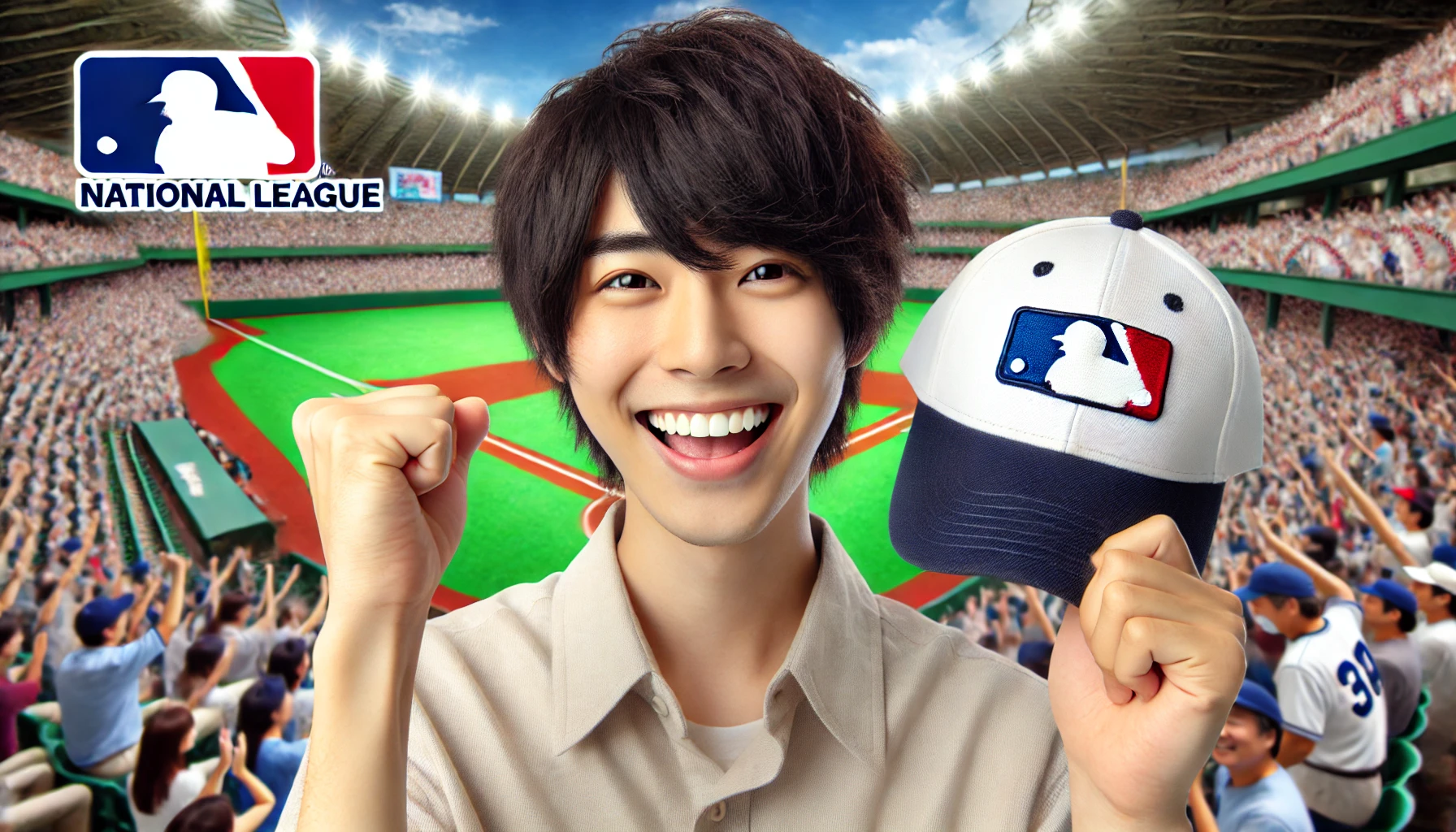 A Japanese person smiling and celebrating after learning about the differences between the National League and American League in baseball. The person is holding a baseball cap in one hand and raising a fist in excitement. The background shows a baseball field with fans cheering. The image should be wide (16:9).